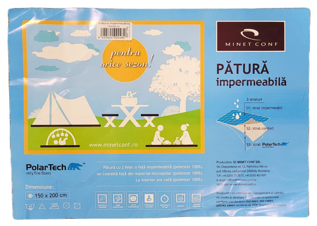 Patura cocolino picnic impermeabila 3 straturi, PolarTech Somnart, 150x200, albastru + gri inchis [5]