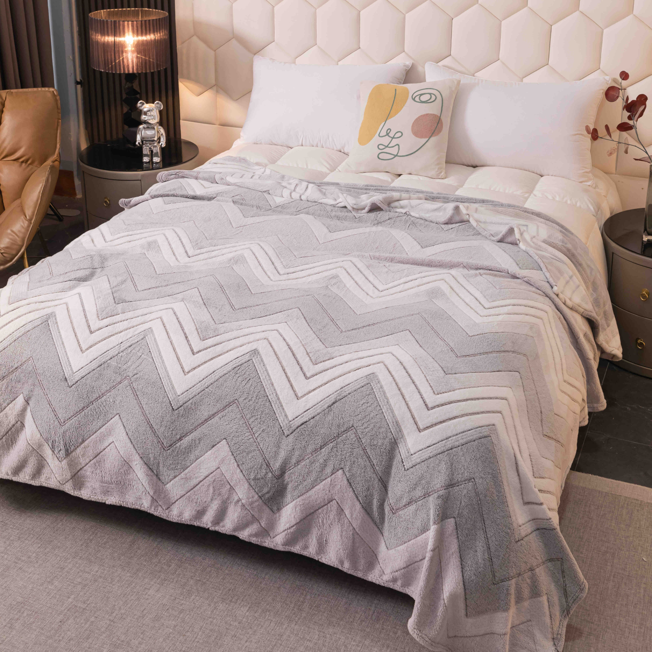 Patura pufoasa cocolino 200x230cm,gri deschis,dungi in zig zag-F077 [1]