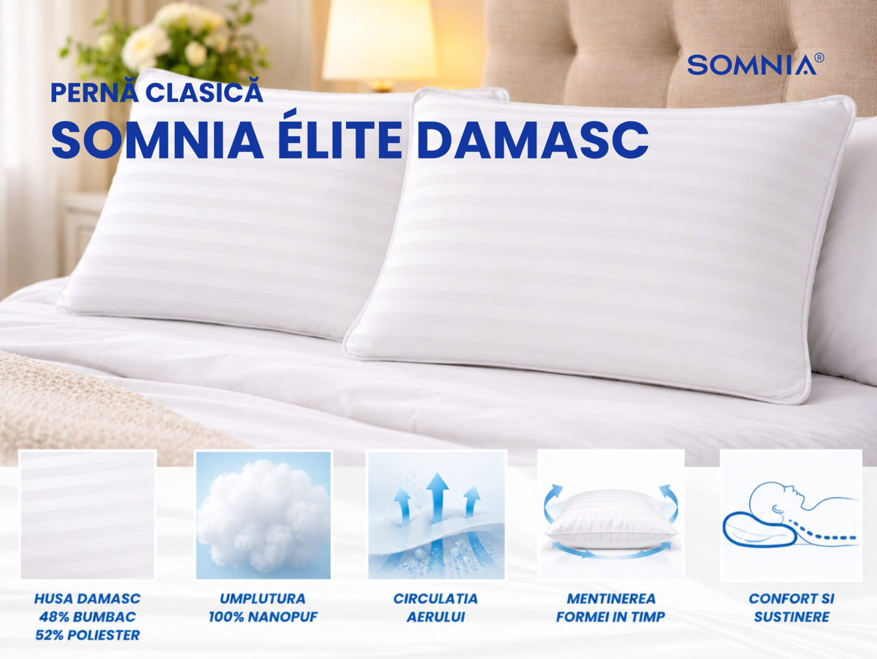 Perna clasica din nanofibra Somnia Élite Damasc, 50 x 70 cm, la geanta [3]
