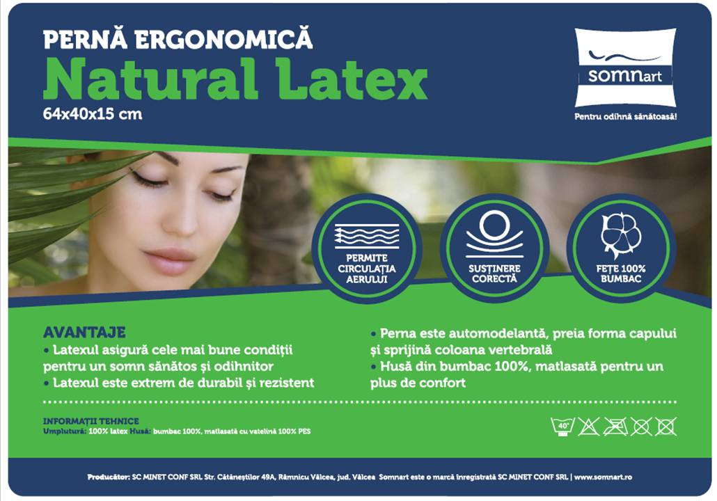 Perna ergonomica Somnart LATEXCEL, 64x40x11 cm, latex natural, husa bumbac 100%, roz [7]
