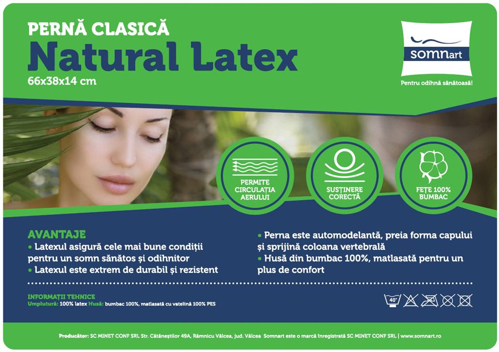 Perna Somnart LATEXCEL, 66x38x14 cm, latex natural, husa bumbac 100%, roz [6]