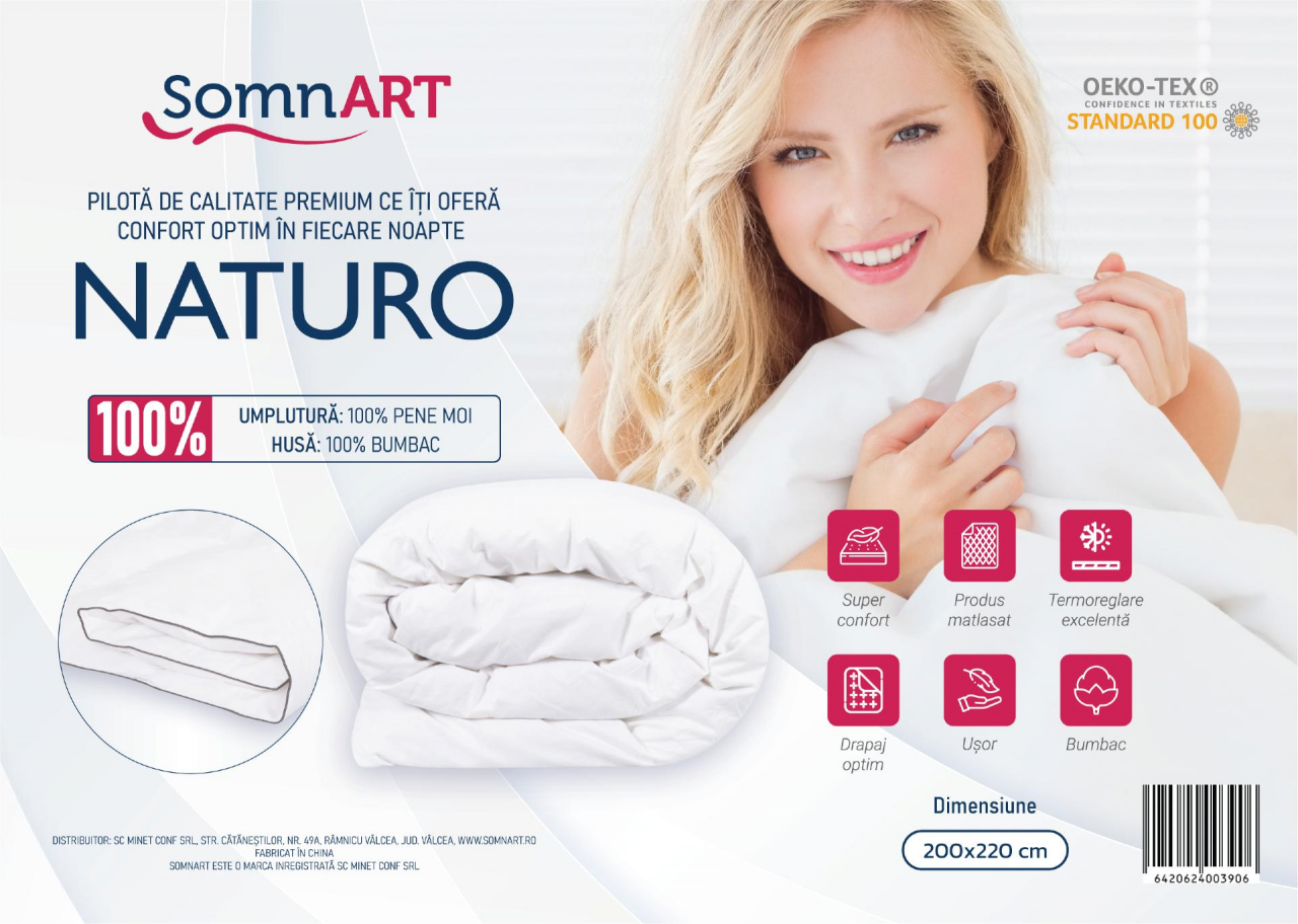 Pilota Naturo Pene 200x220, materiale 100% naturale, tesatura bumbac, mentine temperatura corpului [5]