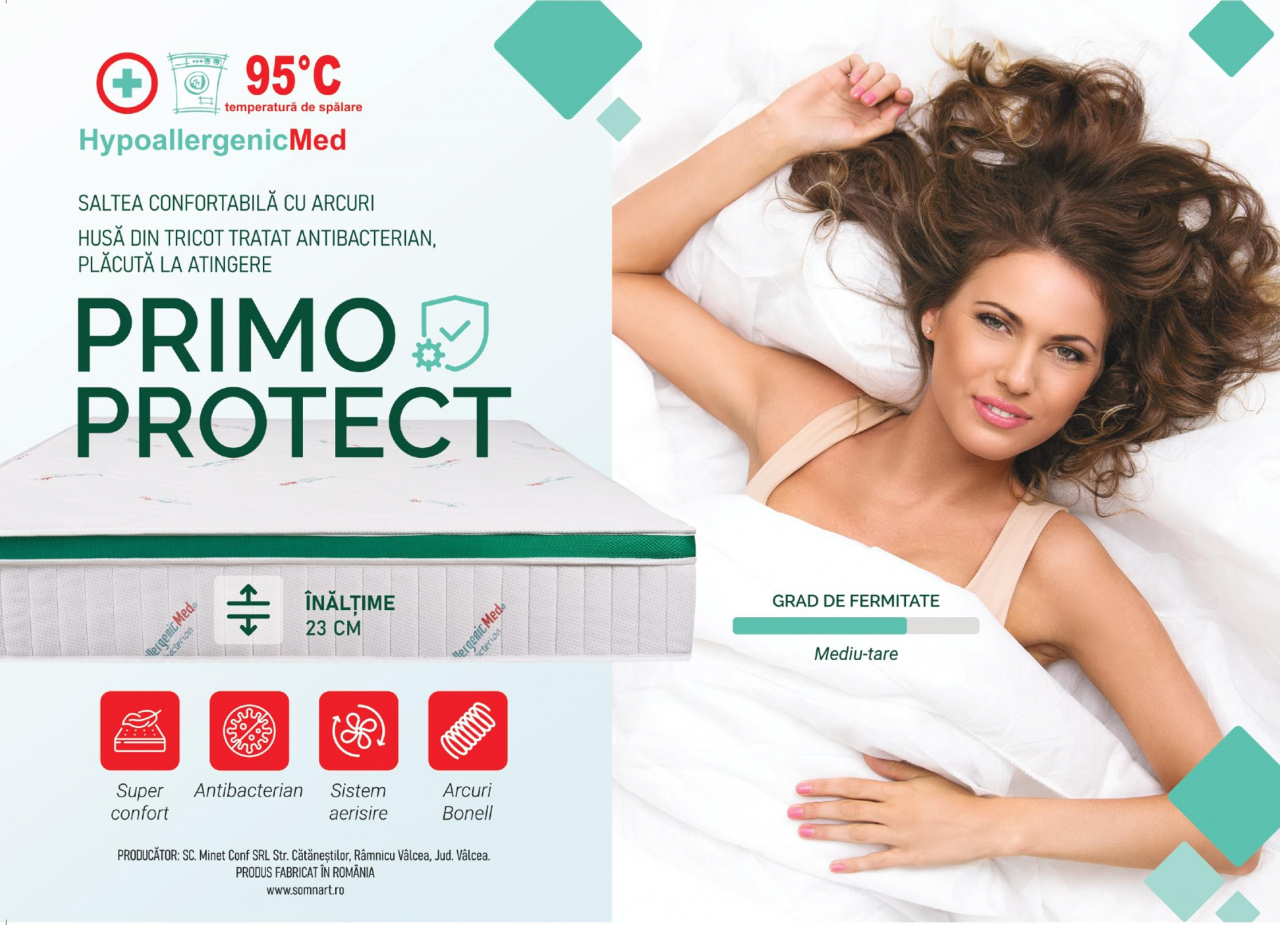 Saltea cu arcuri HypoallergenicMed Primo Protect 140x200, înălțime 23 cm, ortopedică, husă tratament antialergic, fermitate mediu-tare, sistem aerisire 3D [12]