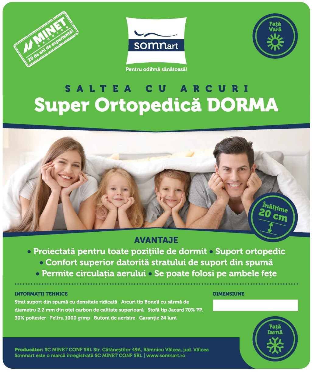Saltea cu arcuri SomnART DORMA 100x200, înălțime 20 cm, ortopedică, husă matlasată, duritate medie [8]