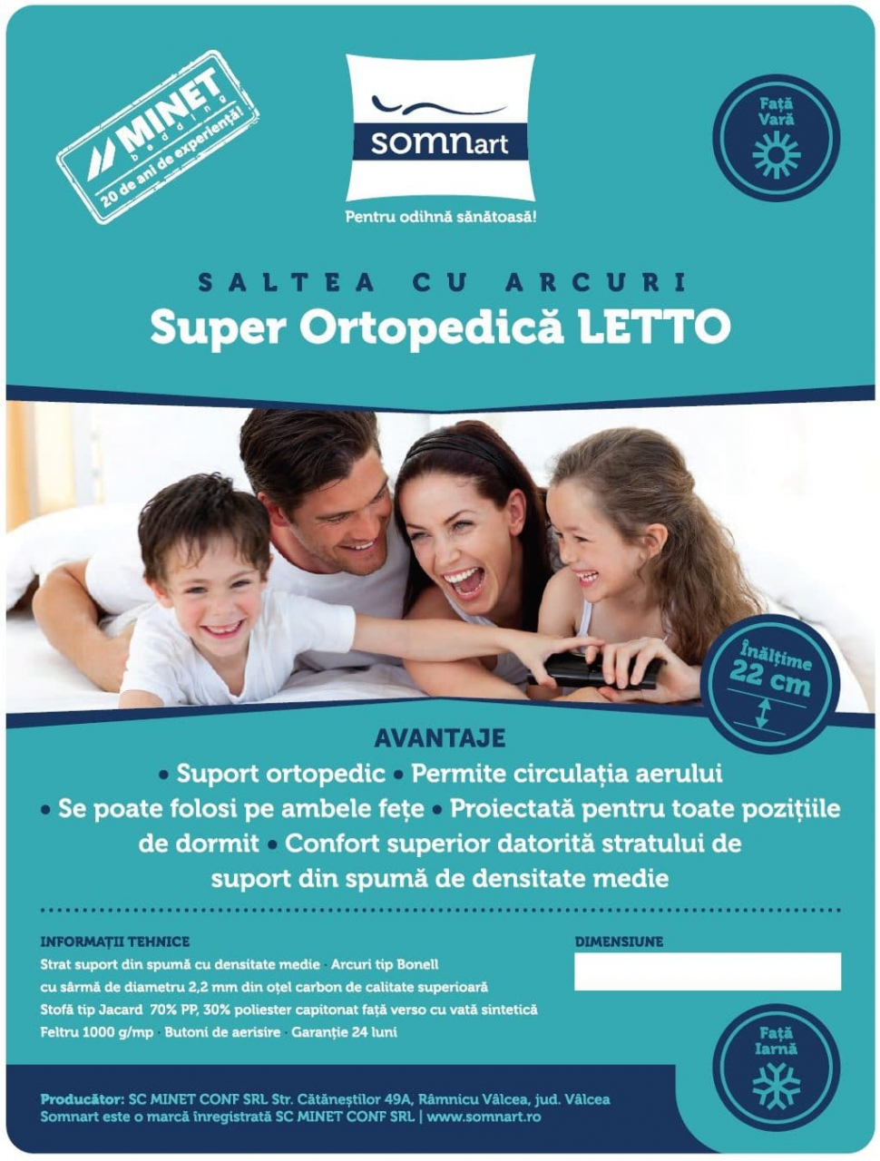 Saltea cu arcuri SomnART LETTO 90x200, înălțime 22 cm, ortopedică, husă matlasată, duritate medie-tare [5]