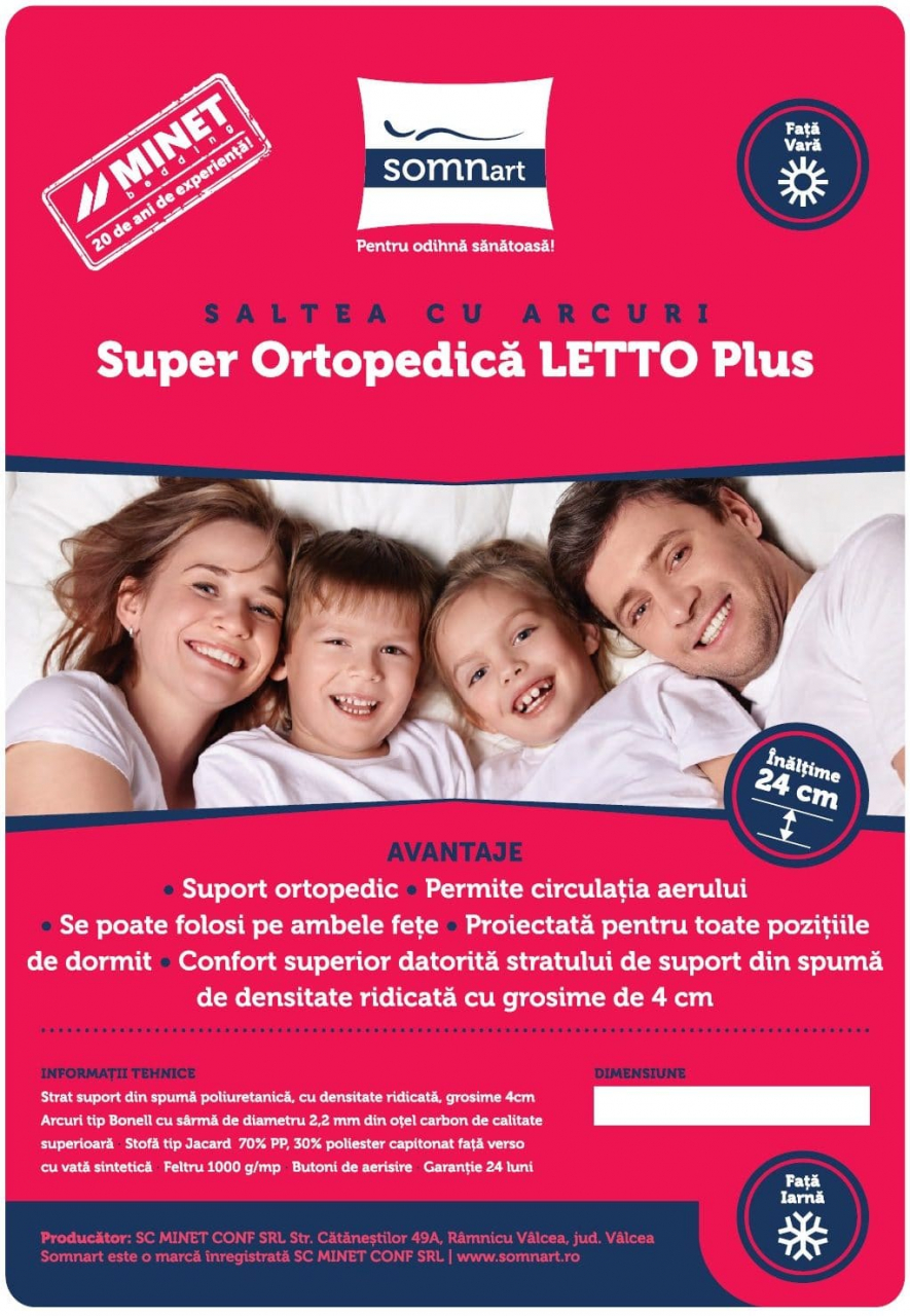 Saltea cu arcuri SomnART LETTO Plus 140x200, înălțime 24 cm, ortopedică, husă matlasată, duritate tare [10]