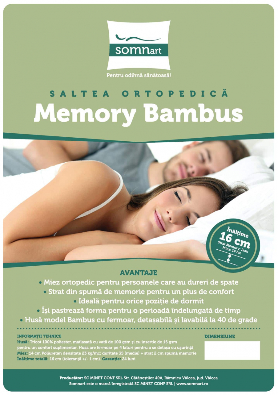 Saltea cu memorie 3D Somnart Memory Bambus 140x200, înălțime 16 cm, husă cu bambus lavabilă și detașabilă cu fermoar, mânere, fermitate medie [16]