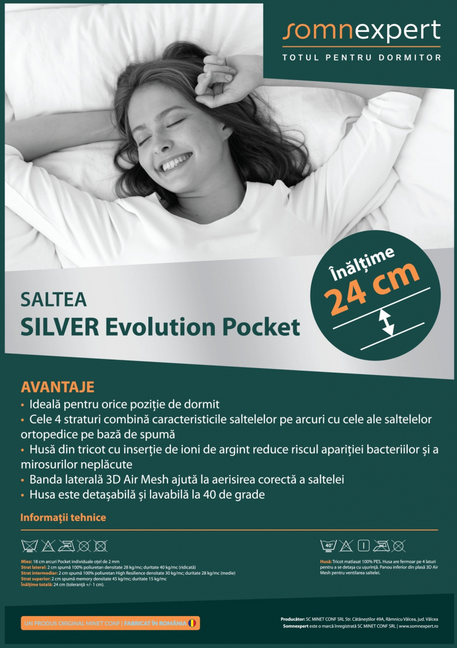 Saltea cu memorie și arcuri individuale Somnexpert Silver Evolution Pocket Spring 90x200, înălțime 24 cm, husă detașabilă, fermitate medie [9]