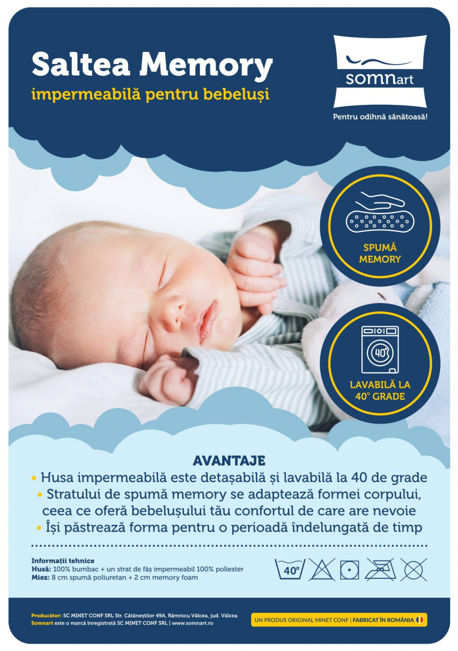 Saltea cu memorie Somnart Memory 60x120, înălțime 10 cm, pentru bebeluși și copii, husă impermeabilă, fermitate medie, model flori [4]