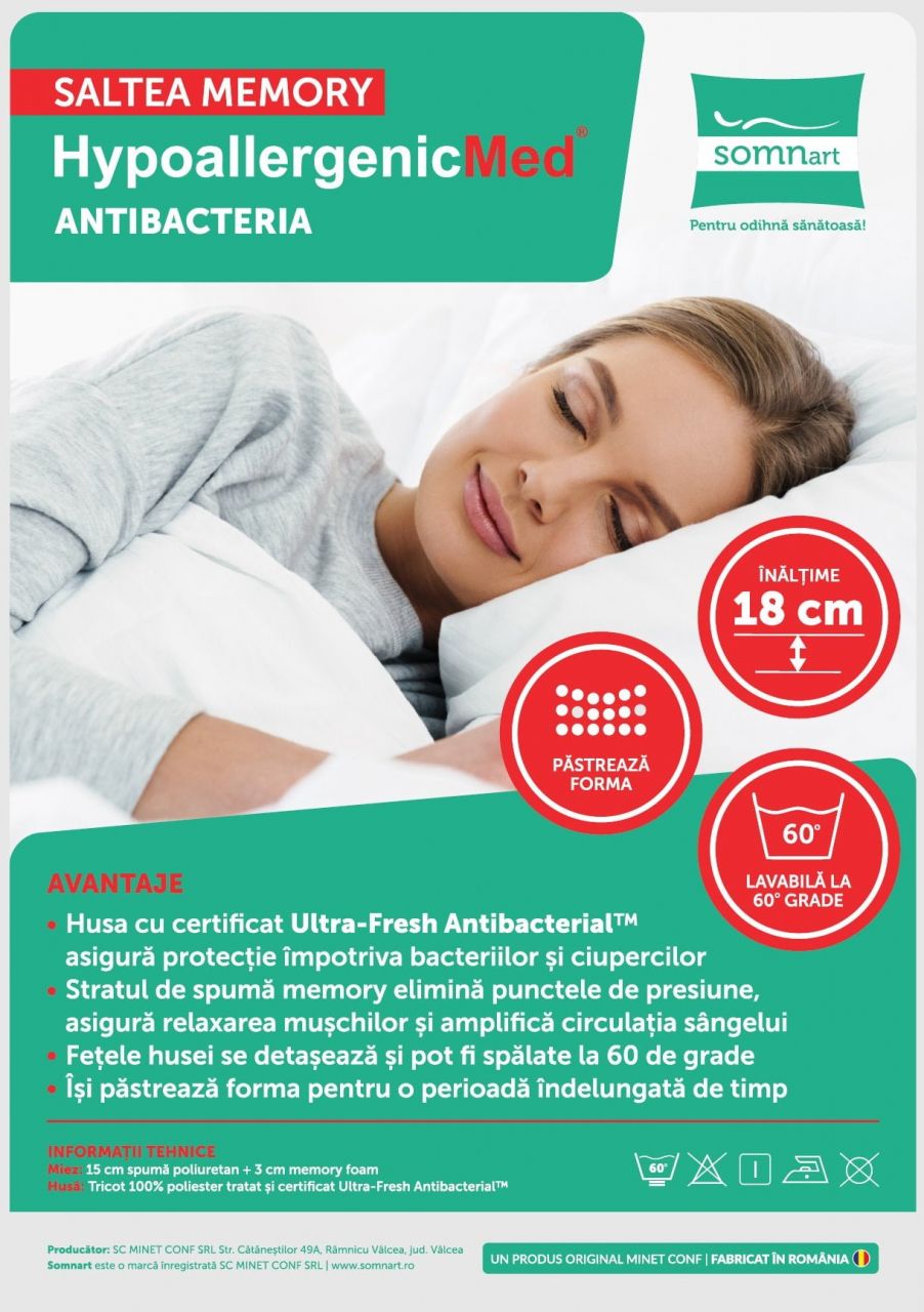 Saltea cu memorie Somnart Memory HypoallergenicMed Antibacteria 180x200, înălțime 18 cm, antibacterii, husă 3D detașabilă, fermitate medie [7]