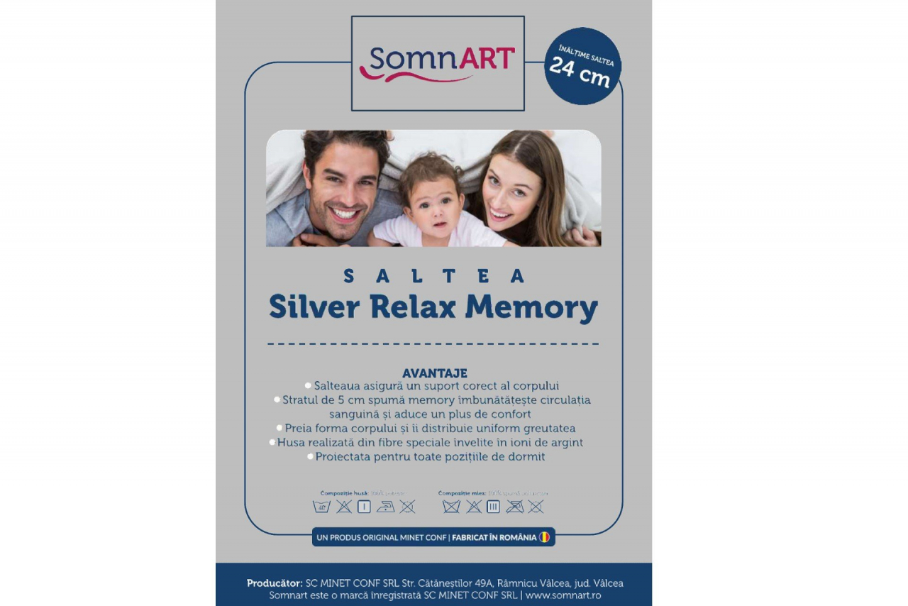 Saltea cu memorie Somnart Silver Relax 120x200, înălțime 24 cm, husă cu ioni de argint, cu mânere, fermitate medie [12]