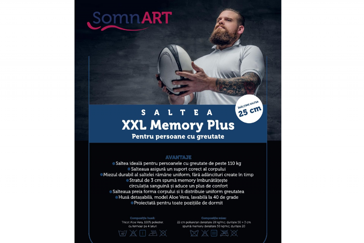 Saltea cu memorie Somnart XXL Memory Plus 90x200, înălțime 25 cm, pentru persoane supraponderale, husă Aloe Vera detașabilă, rulată, fermitate mare [16]