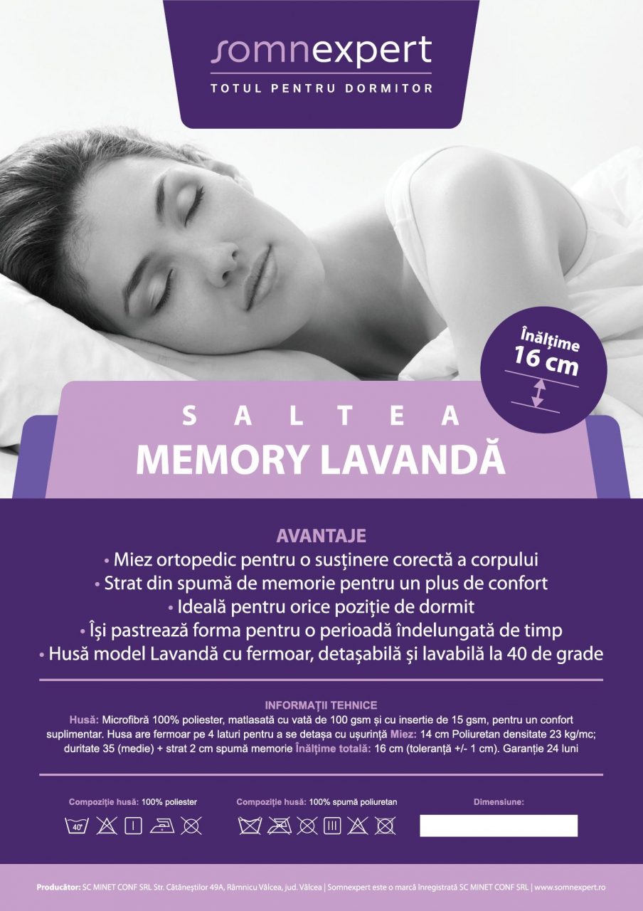 Saltea cu memorie Somnexpert Lavanda 90x200, înălțime 16 cm, ortopedică, husă tratată cu lavandă, lavabilă, cu fermoar, rulată, fermitate medie [12]