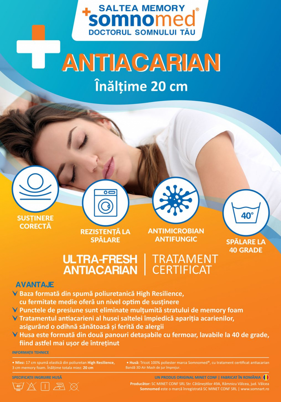 Saltea cu memorie Somnomed Antiacaria 180x200, înălțime 20 cm, pentru alergici, husă cu tratament antiacarian, rulată, fermitate medie [13]