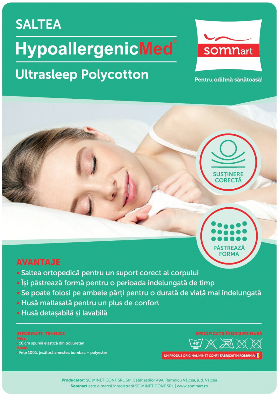 Saltea cu spumă poliuretanică HypoallergenicMed PolyCotton 140x200, hipoalergenică, husă lavabilă și detașabilă cu fermoar, fermitate medie [8]