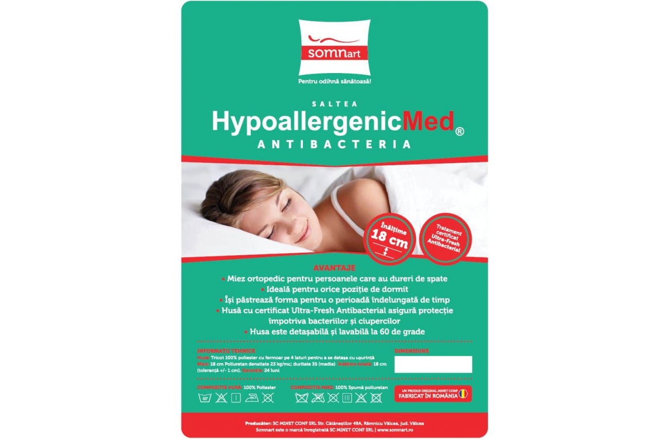 Saltea cu spumă poliuretanică Somnart HypoallergenicMed Antibacteria, 90x200, înălțime 18 cm, antibacterii, husă detașabilă cu fermoar, fermitate medie [14]