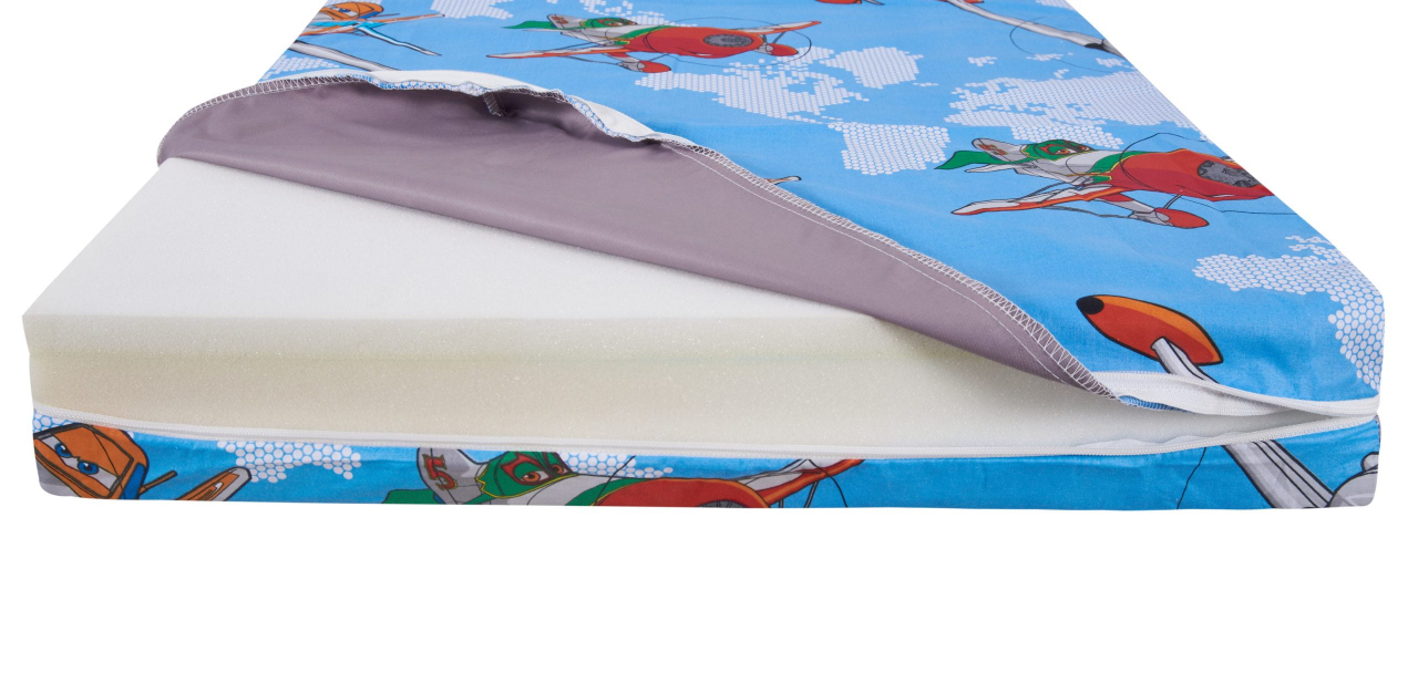 Saltea cu spumă poliuretanică Somnart Ortopedică 60x120, înălțime 10 cm, pentru bebeluși și copii, husă impermeabilă, fermitate medie, model aviator [4]