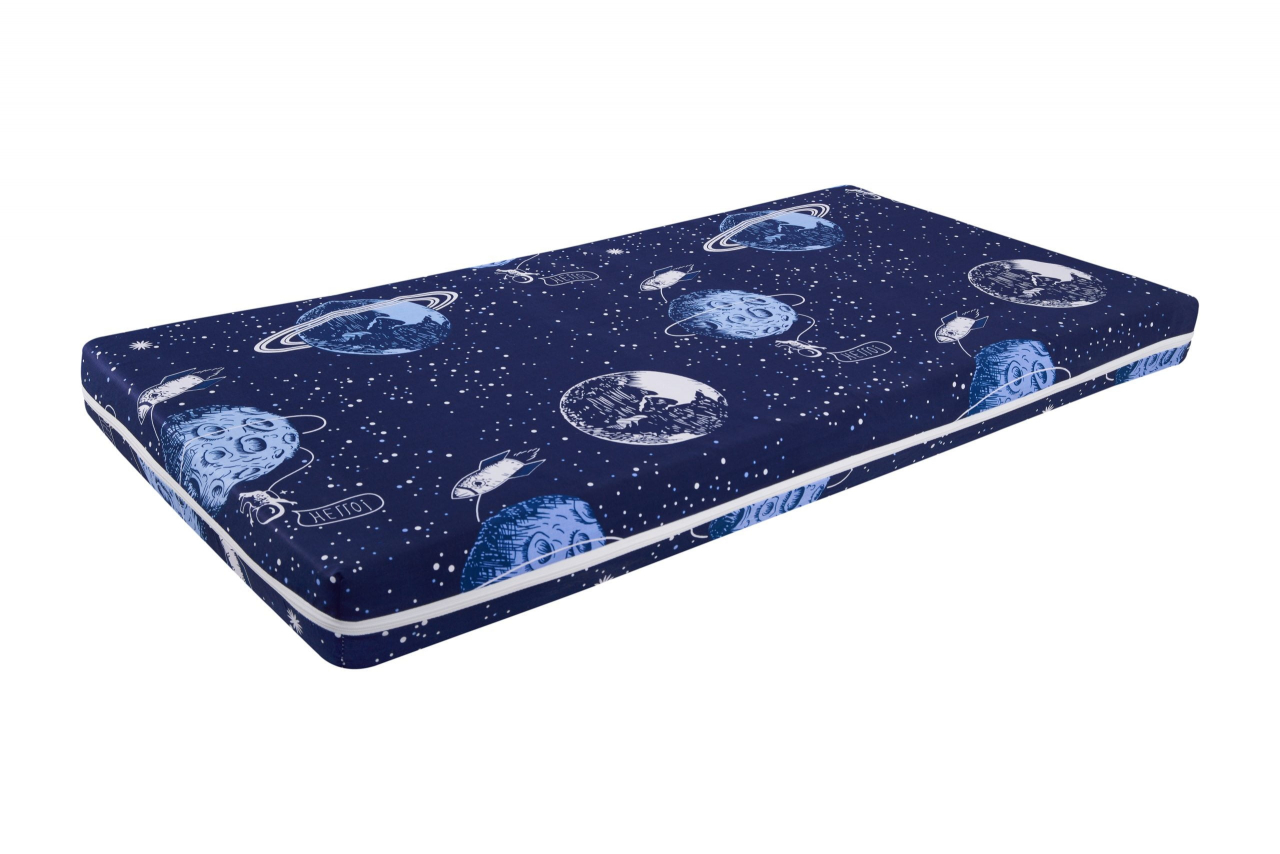 Saltea cu spumă poliuretanică Somnart Ortopedică 70x140, înălțime 10 cm, pentru bebeluși și copii, husă impermeabilă, fermitate medie, model cosmos [2]