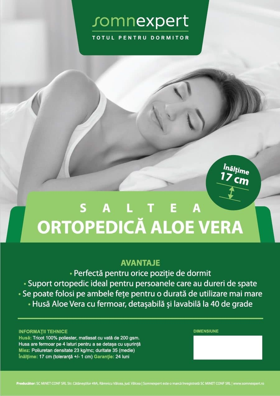 Saltea cu spumă poliuretanică Somnexpert 160x200, înălțime 17 cm, ortopedică, husă bumbac Aloe Vera detașabilă și lavabilă, rulată, fermitate medie [4]