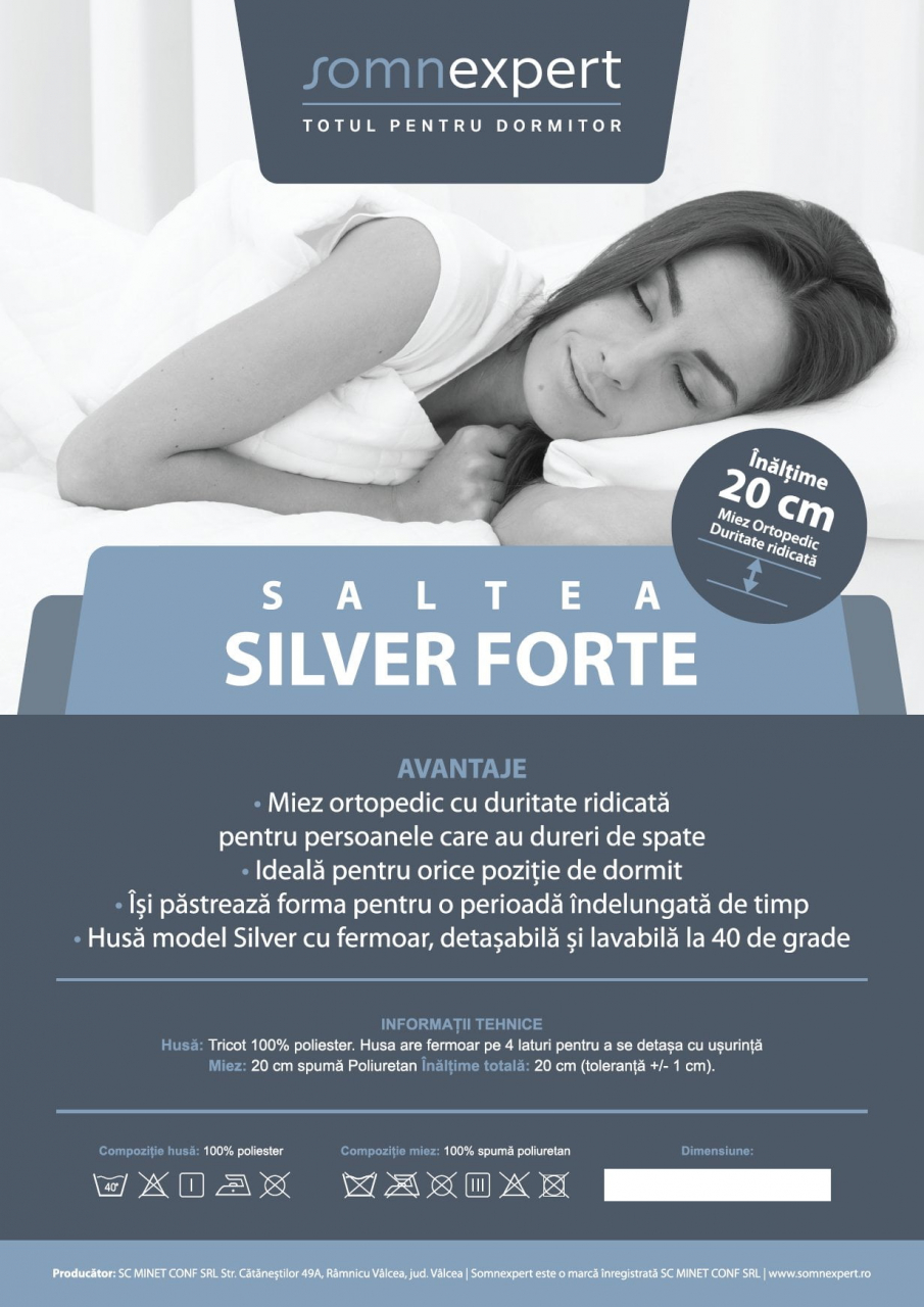 Saltea cu spuma poliuretanica Somnexpert Silver FORTE, 90x200, inaltime 20 cm, ortopedica, husa ioni argint lavabila, manere, fermitate mare [12]