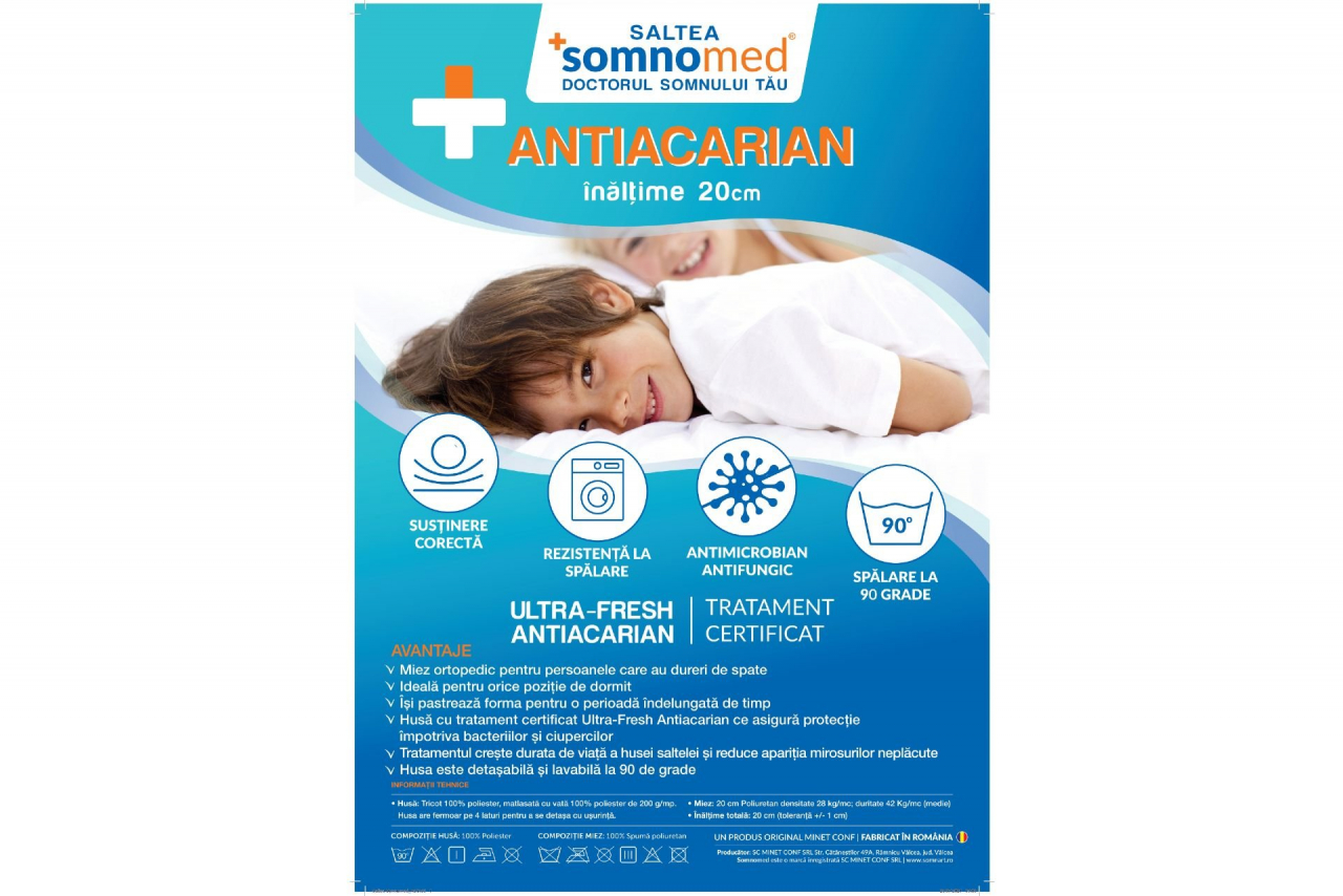Saltea cu spuma poliuretanica Somnomed Antiacaria 90x200, inaltime 20 cm, pentru alergici, husa detasabila cu tratament antiacarian, fermitate medie [14]
