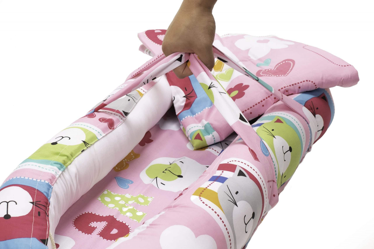 Set Baby Nest Somnart: Cosulet bebelusi + Salteluta 42x84x2cm + Paturica 70x70cm, model Pisicute [3]