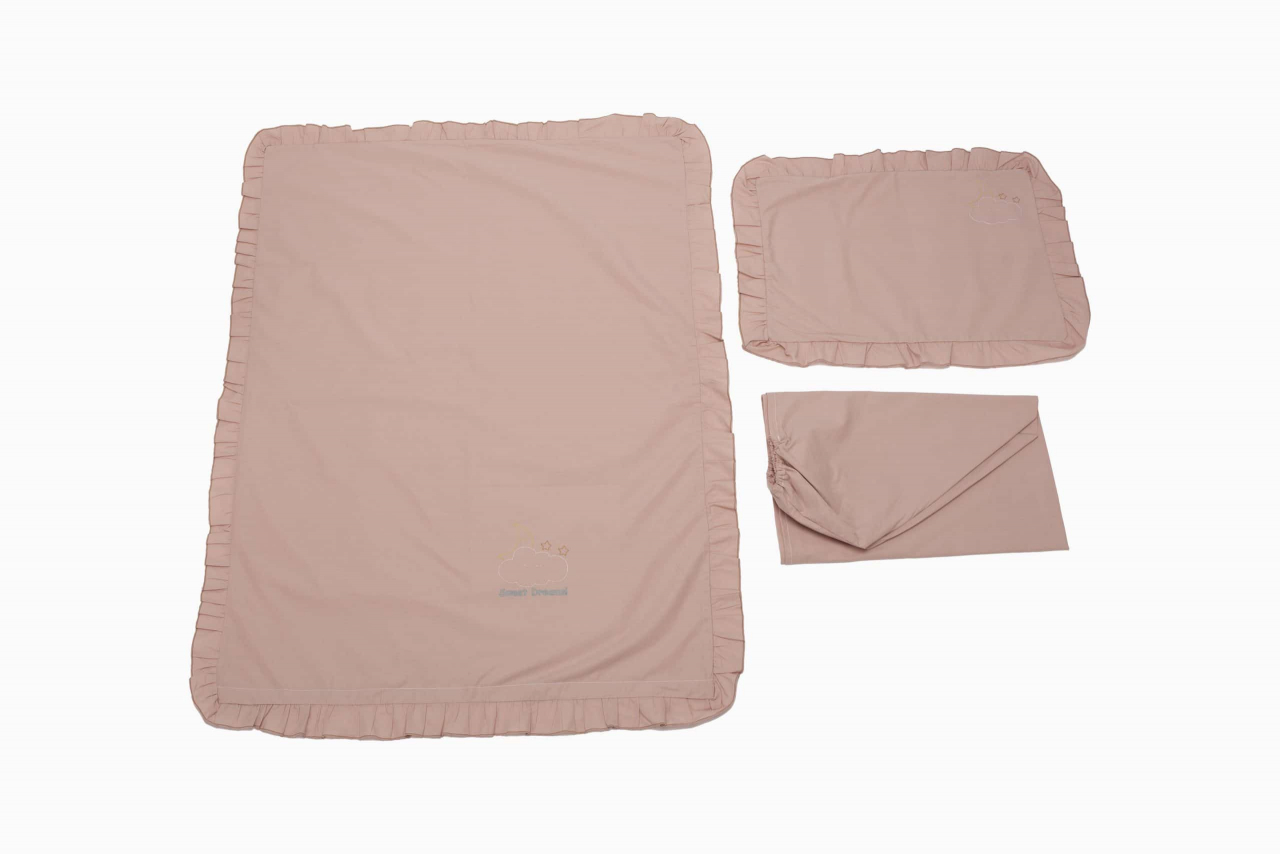 Set lenjerie patut bebe, bumbac (cearceaf pat 60x120, cearceaf pilota 80x110, fata perna 35x50), brodata, cu volan, ROZ [2]