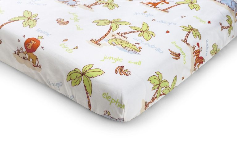 Set patut bebe, Somnart, cearceaf cu elastic pentru saltea 60x120x10, pernuta 37×55, pilota 100×105, aparatori 180x45, model Jungle [2]