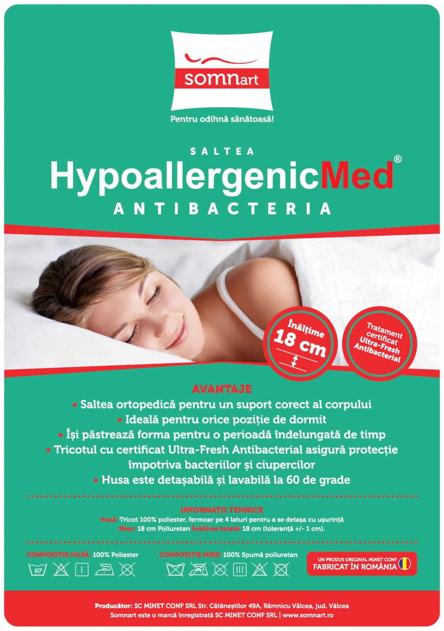 Topper cu memorie 160x200, HypoallergenicMed Antibacteria, H 3+2cm, husa detasabila, lavabila si certificata Ultra-Fresh Antibacterial™ [6]