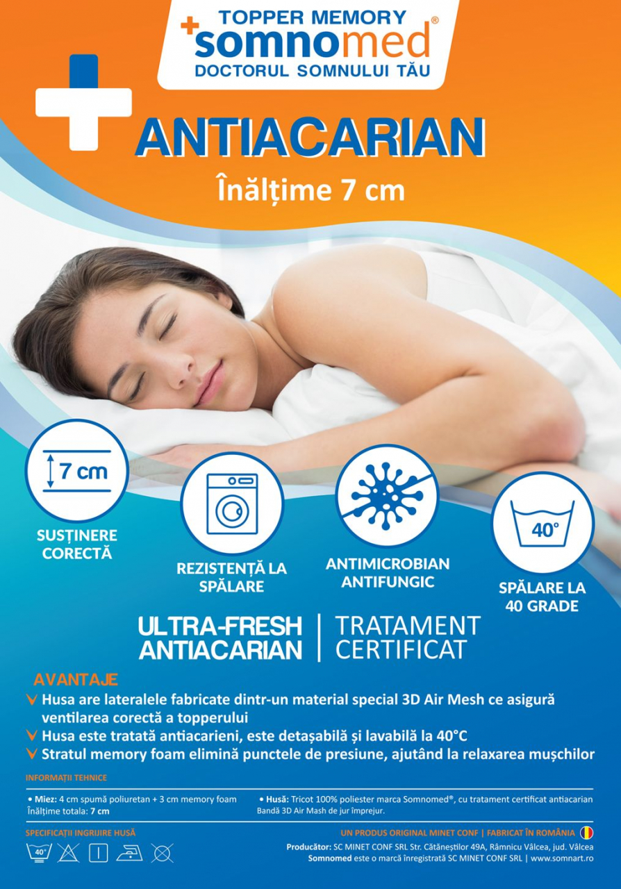 Topper cu memorie 90x200, SomnoMed Antiacaria, pentru alergici, H 4+3cm, husa detasabila si lavabila [4]
