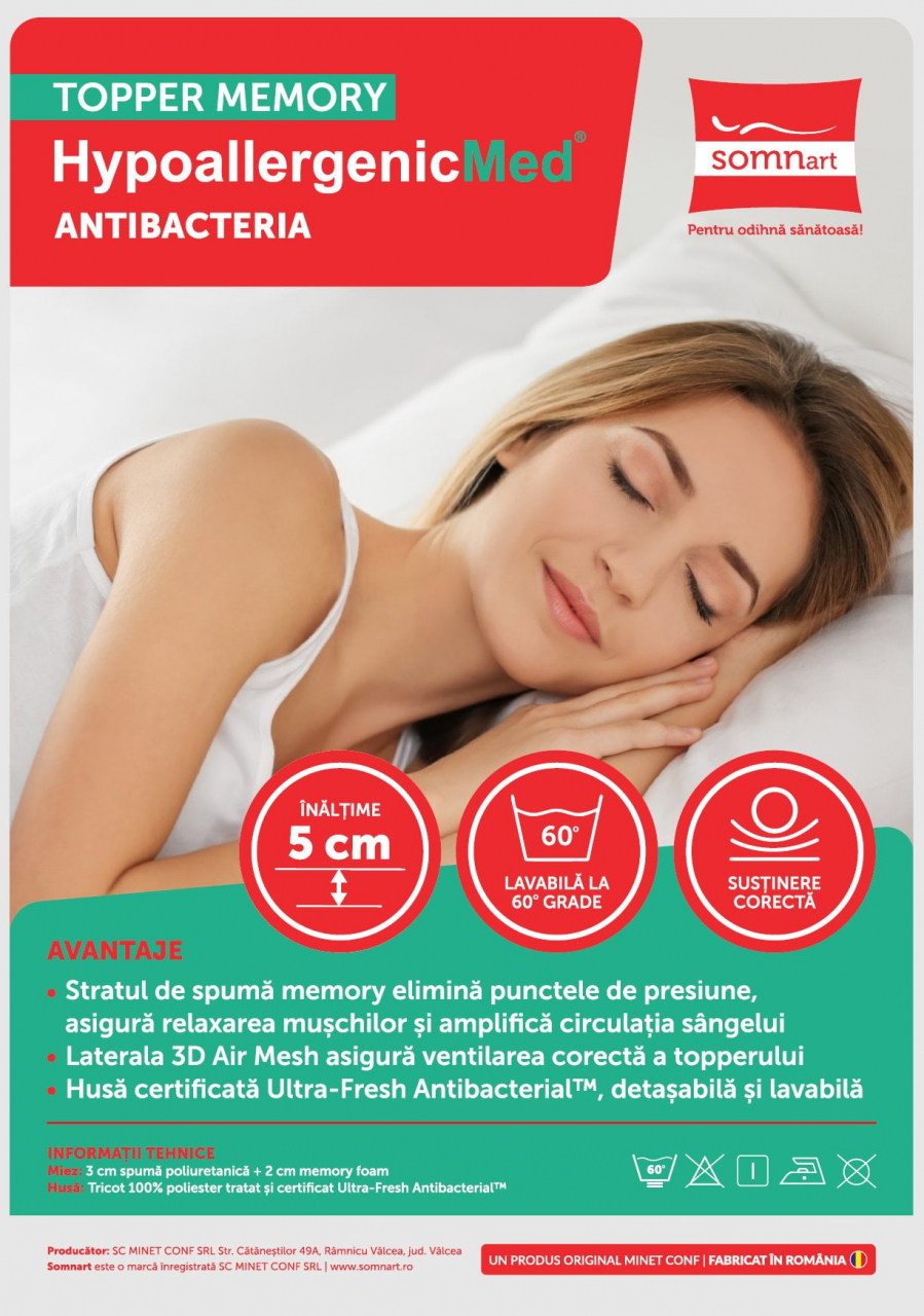Topper cu memorie 140x200, HypoallergenicMed Antibacteria, H 3+2cm, husa detasabila, lavabila si certificata Ultra-Fresh Antibacterial™ [2]