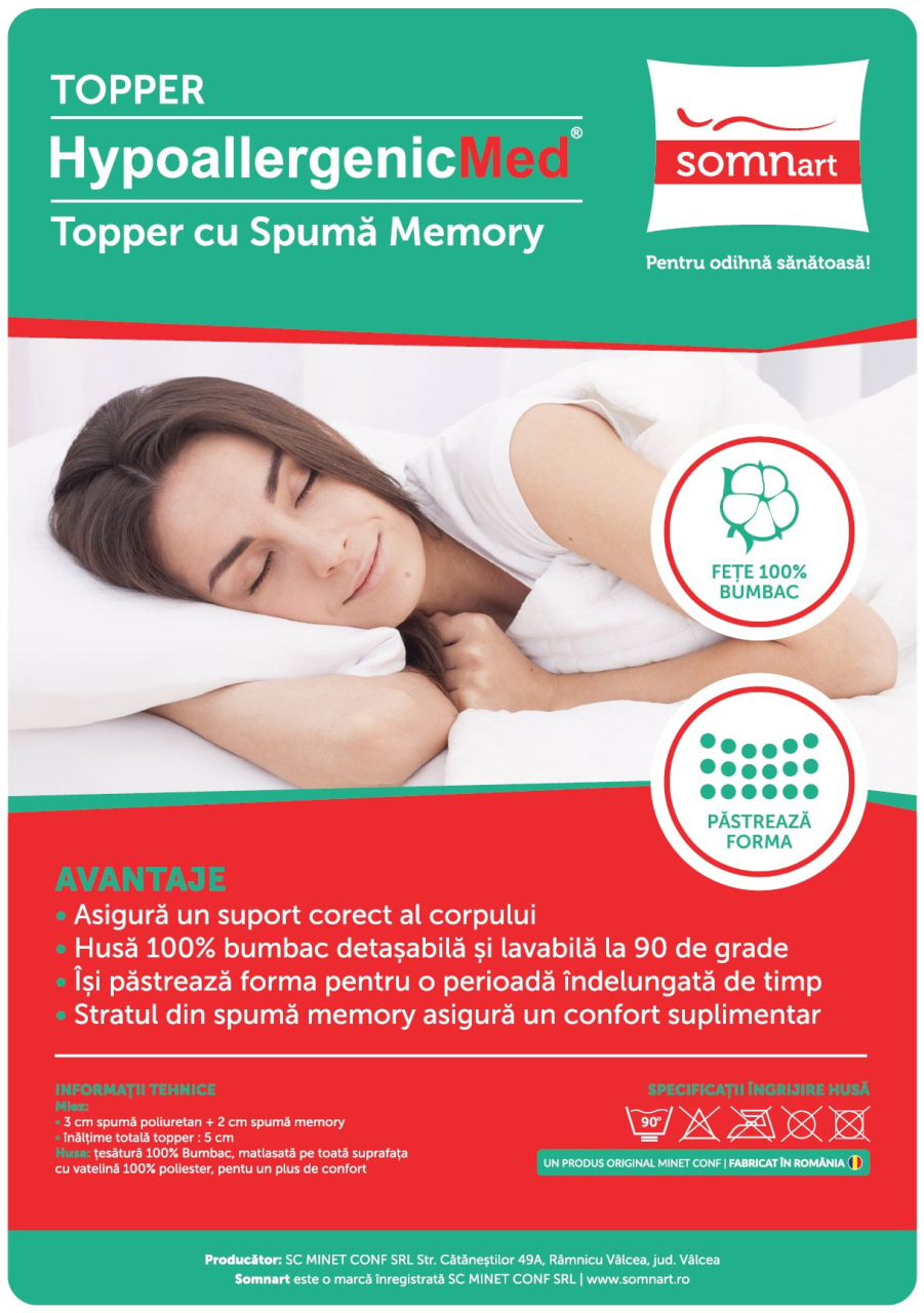 Topper cu memorie, husa bumbac, detasabila, spalare la 90°C, HypoallergenicMed Somnart, 120x200 cm [6]