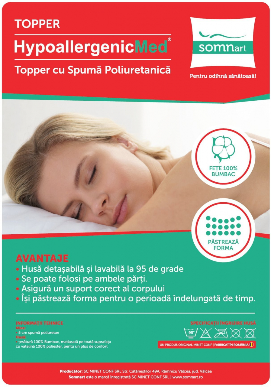Topper HypoallergenicMed Somnart, cu husa bumbac 100%, detasabila, spalare la 90°C, 90x200 cm [5]