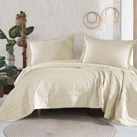 Cuverturi pat - Cuvertura pat 2 persoane matlasata reversibila 240x260 cm + 2 fete perna 50x70 cm bej-AVOLA V6