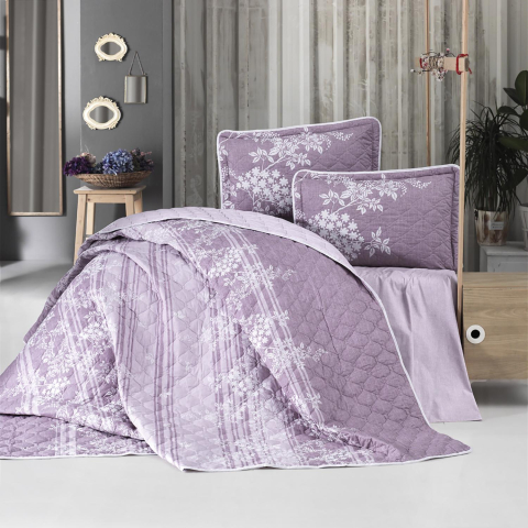 Cuverturi pat - Cuvertura pat 2 persoane matlasata reversibila 240x260 cm + 2 fete perna 50x70 cm, model floral mov-BOVA V2