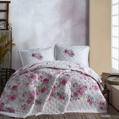 Cuverturi pat - Cuvertura pat 2 persoane matlasata reversibila 240x260 cm + 2 fete perna 50x70 cm, model floral roz-DESIMA