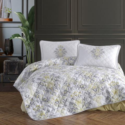 Cuverturi pat - Cuvertura pat 2 persoane matlasata reversibila 240x260 cm + 2 fete perna 50x70 cm, model floral gri-galben-LIYA V1