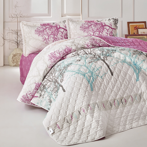 Cuverturi pat - Cuvertura pat 2 persoane matlasata reversibila 240x260 cm + 2 fete perna 50x70 cm, model floral multicolor-MIDAS V1