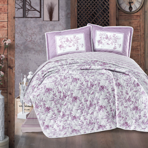 Cuverturi pat - Cuvertura pat 2 persoane matlasata reversibila 240x260 cm + 2 fete perna 50x70 cm, model floral mov-MONTERA V1