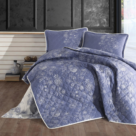 Cuverturi pat - Cuvertura pat 2 persoane matlasata reversibila 240x260 cm + 2 fete perna 50x70 cm, model floral albastru-NALA V2