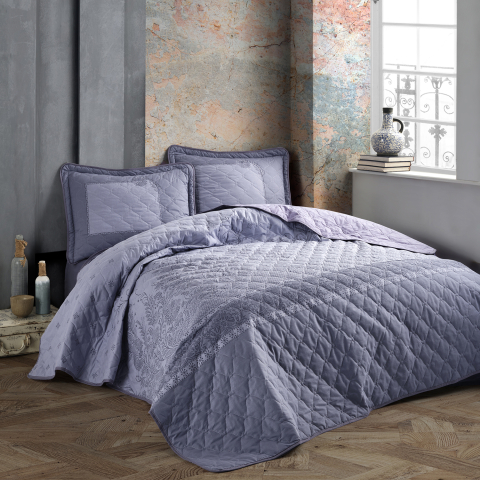 Cuverturi pat - Cuvertura pat 2 persoane matlasata reversibila 240x260 cm + 2 fete perna 50x70 cm, model uni gri-RISA V1