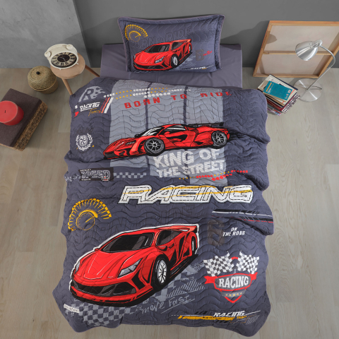 Cuverturi pat - Cuvertura pat o persoana matlasata reversibila 180x240 cm + 1 fata perna 50x70 cm model modern - RACING TEAM