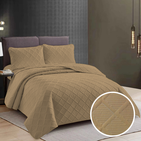 Cuverturi pat - Cuvertura pat 2 persoane matlasata reversibila 230x250 cm + 2 fete perna 50x70 cm bej