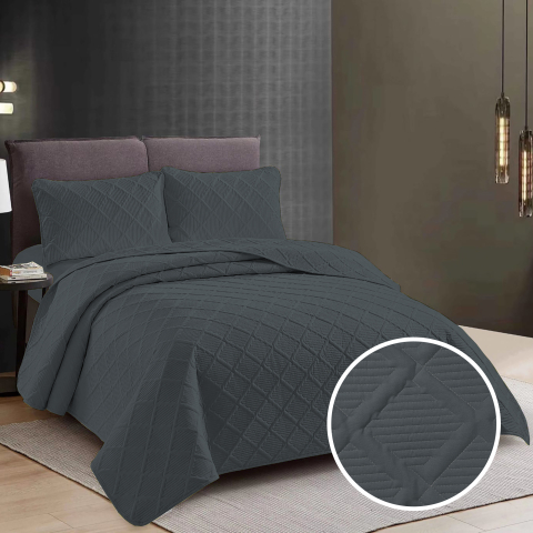 Cuverturi pat - Cuvertura pat 2 persoane matlasata reversibila 230x250 cm + 2 fete perna 50x70 cm cool gray