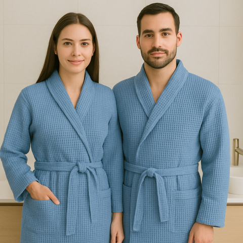 Halate de baie - Halat de baie gofrat albastru denim din bumbac 100%