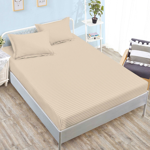 Huse de pat - Husa de pat damasc crem latte cu dungi fine 160x200 / 180x200 + 2 fete perna