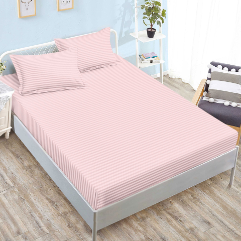 Huse de pat - Husa de pat damasc roz pal cu dungi subtile 160x200 / 180x200 + 2 fete perna