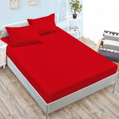 Huse de pat - Husa de pat damasc rosie cu dungi fine 160x200 / 180x200 + 2 fete perna