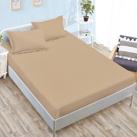 Huse de pat - Husa de pat damasc cappuccino cu dungi subtile 160x200 / 180x200 + 2 fete perna