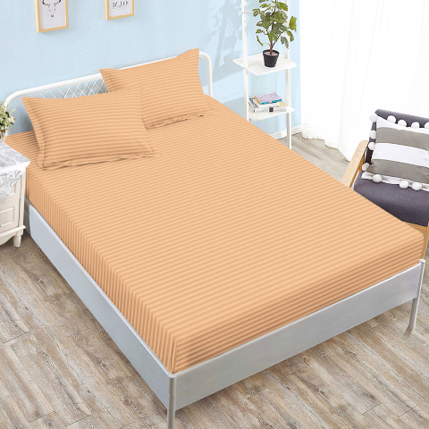 Huse de pat - Husa de pat damasc piersica cu dungi fine 160x200 / 180x200 + 2 fete perna
